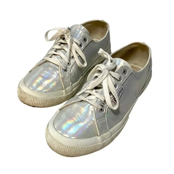 Superga White Iridescent Hologram Sneakers Trainers Size 9 Silver Metallic - Picture 2 of 16
